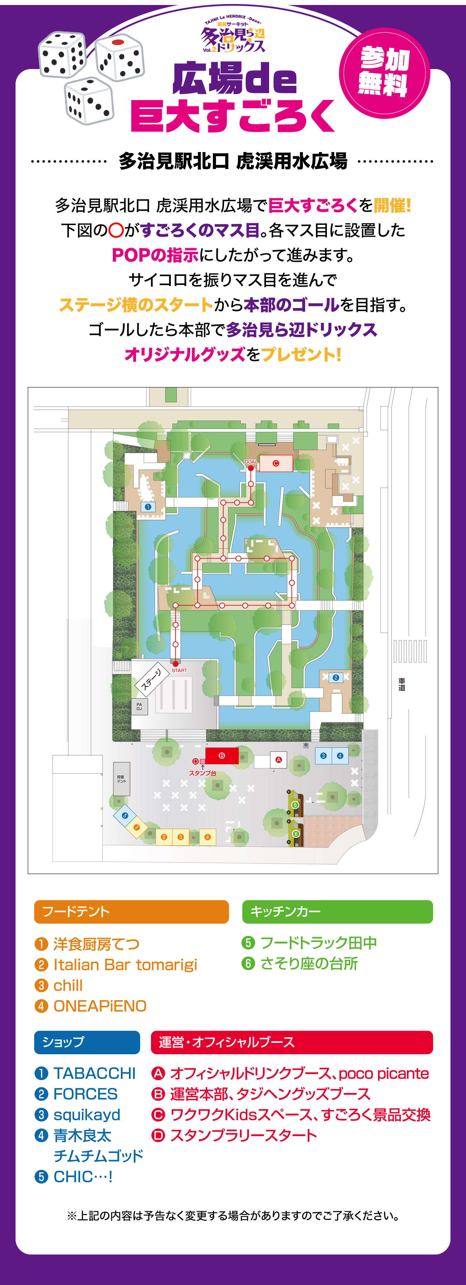 広場de巨大すごろく　参加無料　多治見駅北口 虎渓用水広場で巨大すごろくを開催!下図の○がすごろくのマス目。各マス目に設置したPOPの指示にしたがって進みます。サイコロを振りマス目を進んでステージ横のスタートから本部のゴールを目指す。ゴールしたら本部で多治見ら辺ドリックスオリジナル風船をプレゼント!